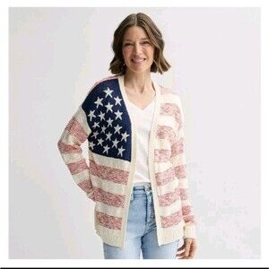 NWT Freshman 1996 Cardigan Womens XL American Flag Stars Stripes Open Front Knit